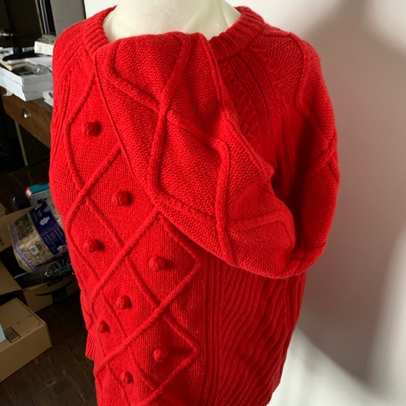 J Crew Red Wool Pom Pom Sweater - Medium - Picture 2 of 5